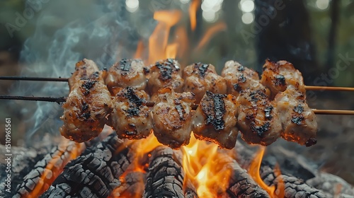 Grilled meat skewers over a crackling campfire