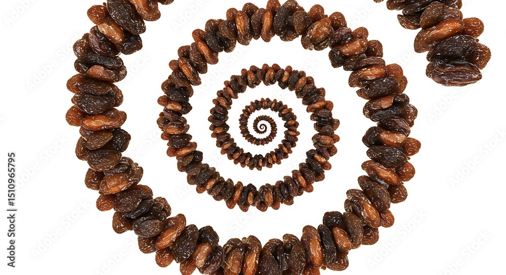 Obraz premium Hypnotic spiral vortex pattern meticulously created from dark brown dried raisins, receding into an infinite visual tunnel.