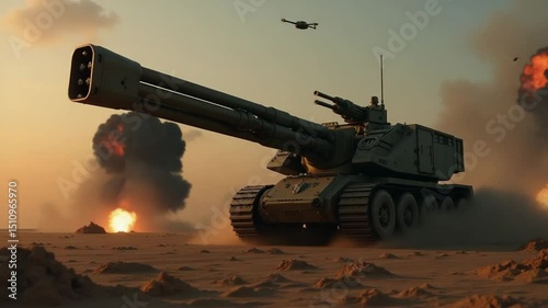 Heavy Artillery Vehicle with Mounted Railgun in Sci-Fi Battlefield, Surrounded by Glowing Craters and Smoke Trails in Futuristic War Zone

