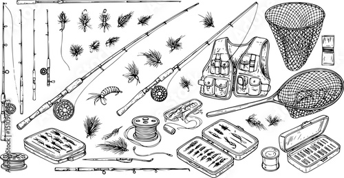 graphic fly fishing. clip art black fishing on white background - Vector