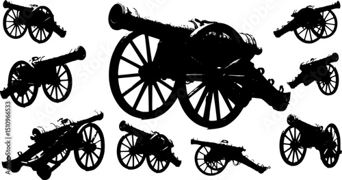 Ancient cannon on wheels isolated on white background
