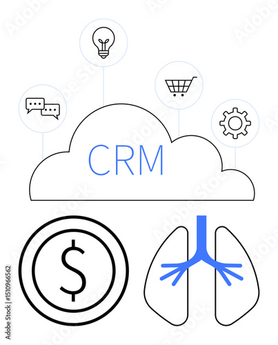 Central cloud marked CRM linked to communication bubbles, light bulb, shopping cart, cogwheel, coin, and lungs. Ideal for business, innovation, e-commerce healthcare automation communication