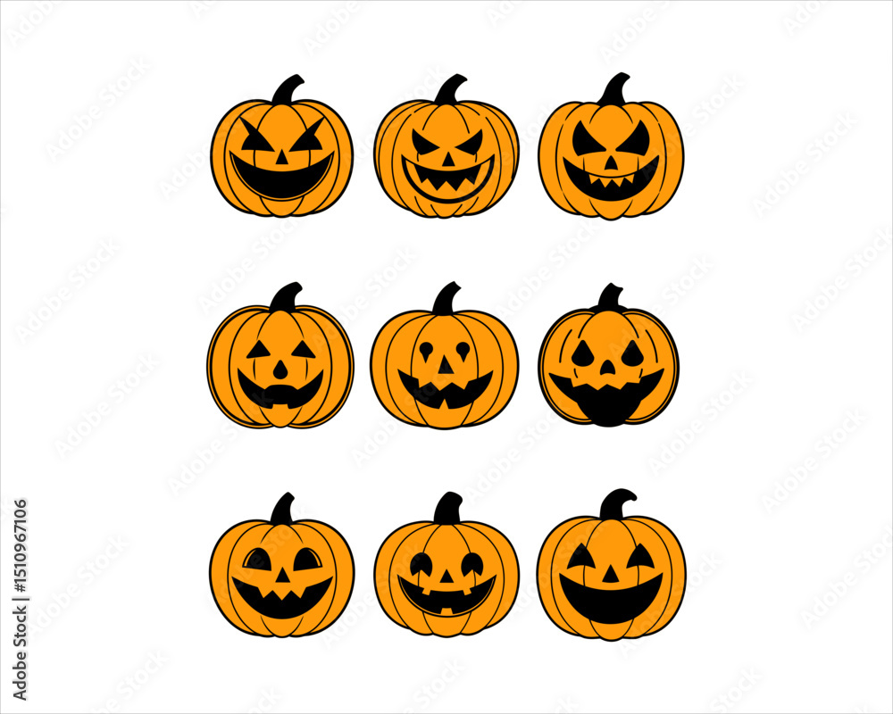 Halloween Jack-o'-Lantern Pumpkin Faces Vector Set – 9 Scary, Cute, Funny Carved Pumpkins for Party, Poster, and Fall Designs. Halloween Jack-o'-Lantern Pumpkin Faces Vector Set – 9 Scary, Cute, Funny Carved Pumpkins for Party, Poster, and Fall Designs.