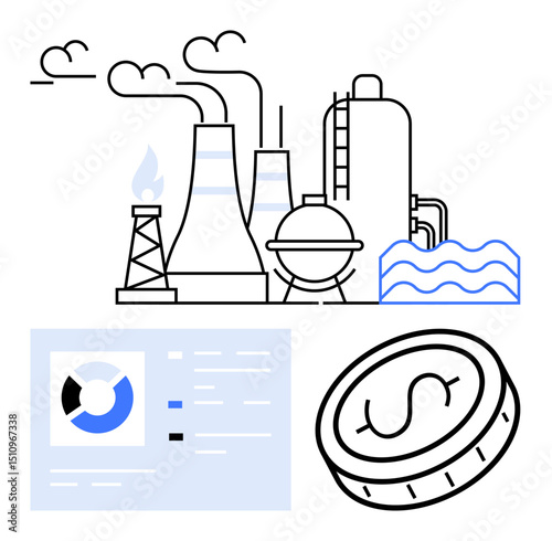 Industrial plant with chimneys, energy operations data, coin symbolizing cost. Ideal for industry, manufacturing, energy, analytics, finance, sustainability simple landing page