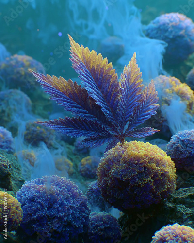 Illustration: gradient purple cannabis leaf and abstract aromas represented by smoke and spheres representing cannabis compounds. This is cannabis-themed art.