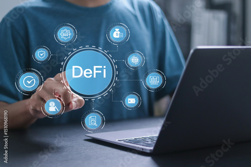 Wallpaper Mural DeFi, Decentralized Finance concept. Blockchain, decentralized financial system and business technology. Businessman using laptop with DeFi icon on virtual screen. Torontodigital.ca