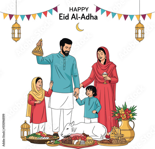 A happy family celebrating eid al adha with traditional clothes and food in a festive atmosphere silhouette