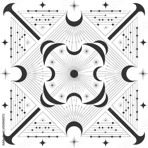 A symmetrical celestial design featuring crescent moons stars and geometric patterns in black and white art silhouette