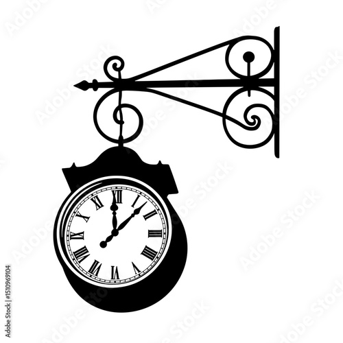 Vintage wall clock with ornate bracket design in black silhouette  