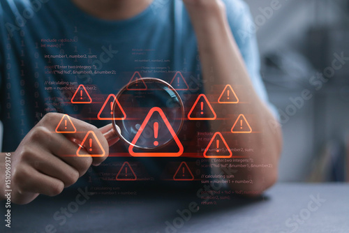 Cyber ​​attack and security alerts concept, Network failure dangers. Person using magnifying glass focus to error 404 alerts on virtual screen. Caution of spam in website digital technology.