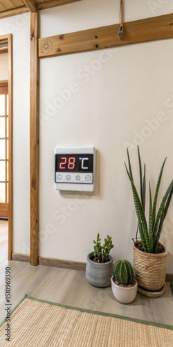Indoor temperature display on wall with plants and wooden accents home temperature control system