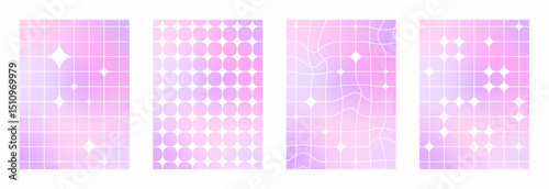 Gradient y2k poster, flyer grid with sparkles. Pink, purple aesthetic checkered banner. Stars, sparks, shine, design elements on the background. Vector illustration. Shiny pattern.