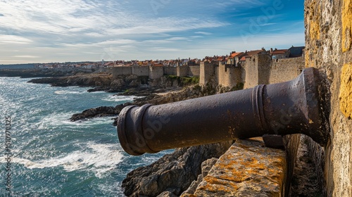 A centuries-old stronghold perched on a cliff is equipped with a weathered cannon that commands a view of the sea