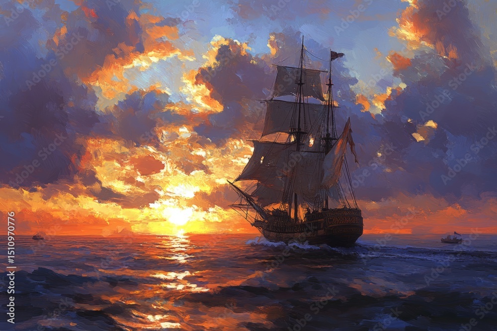Obraz premium When sunset approaches, a pirate ship glides elegantly over the ocean waves in a classic retro cruise