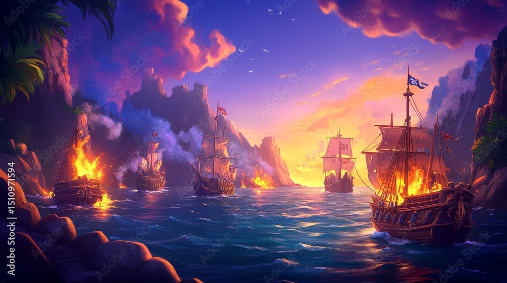 Obraz premium Warships were used to engage in a historic battle at sea between pirates and the commonwealth army, which was created