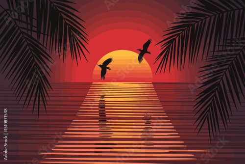 Tropical Sunset with Birds