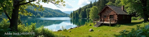 A rustic cabin nestled amongst lush greenery, overlooking a serene lake Perfect for a summer getaway; book your reservation now!, getaway, outdoors, comfortable