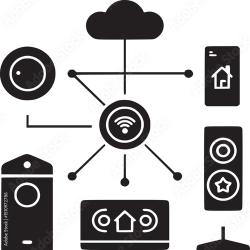 Black and white illustration of electronic devices connected to a hub system