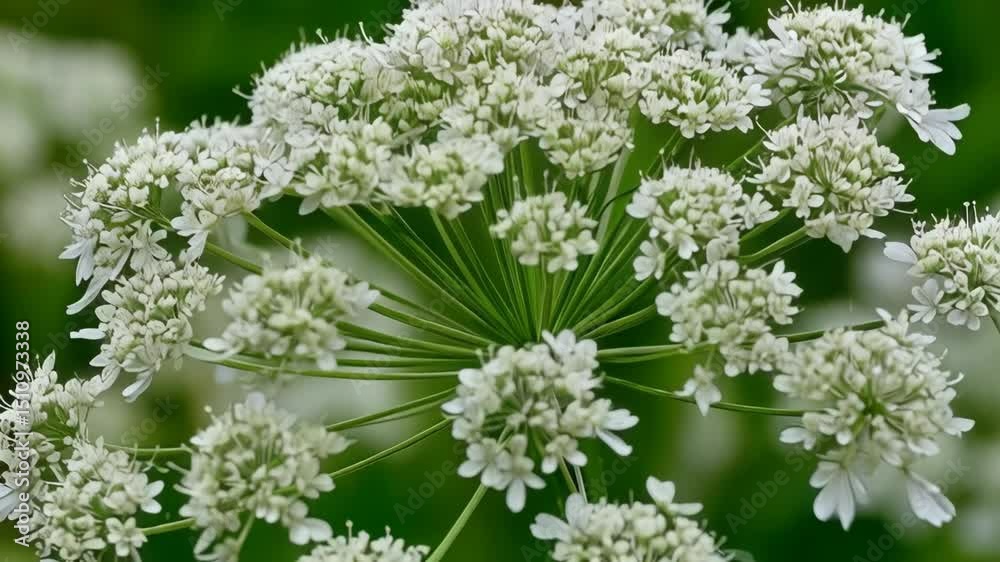 Close-up of a cow parsley flower head with numerous tiny white blossoms clustered on green stems against a blurred green background Close-up of a cow parsley flower head with numerous tiny white blossoms clustered on green stems against a blurred green background