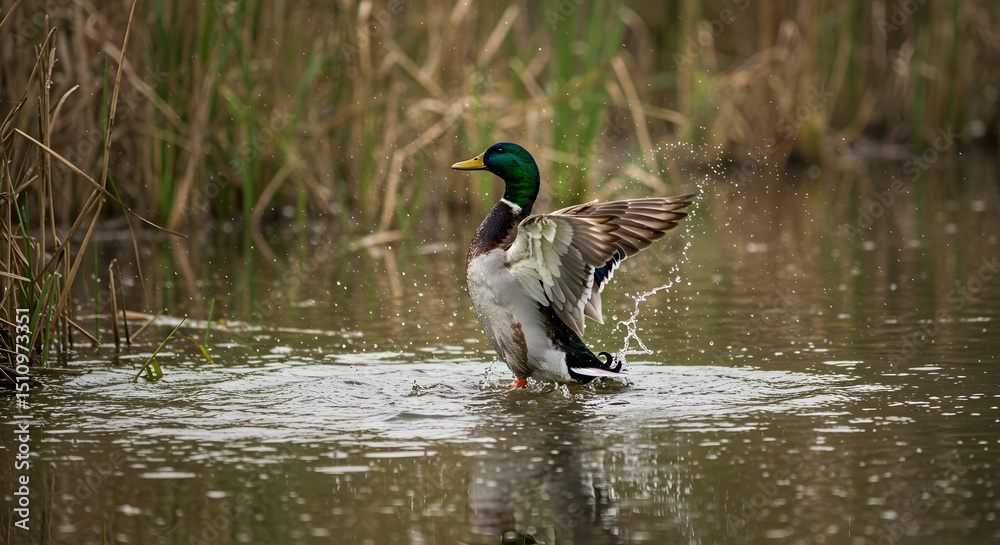 Obraz premium Mallard Duck Taking Flight: A Stunning Wildlife Moment Captured in Nature