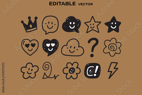 Hand Drawn Doodle Icons Set with Smiling Faces on Brown Background Editable Vector