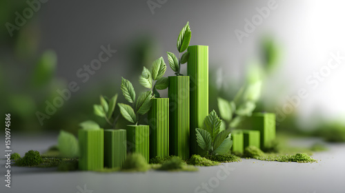 A green bar graph with sprouting leaves and moss, illustrating the concept of sustainable business growth, ESG investment, and a thriving eco-friendly economy