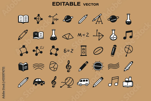 Hand Drawn Education and Science Icons on Tan Background Editable Vector