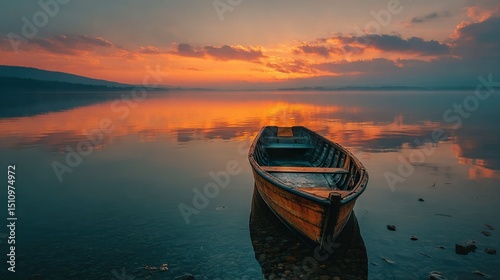   A small boat floats on a tranquil body of water beneath a cloudy sky, framed by a vibrant sunset