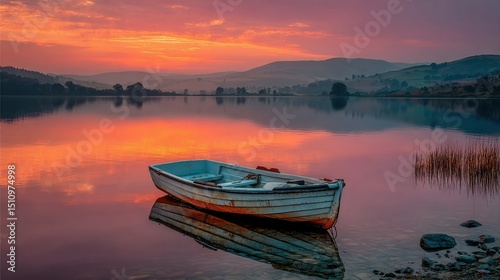  A tiny boat glides on a serene lake beneath vibrant pink and orange skies, surrounded by majestic mountains