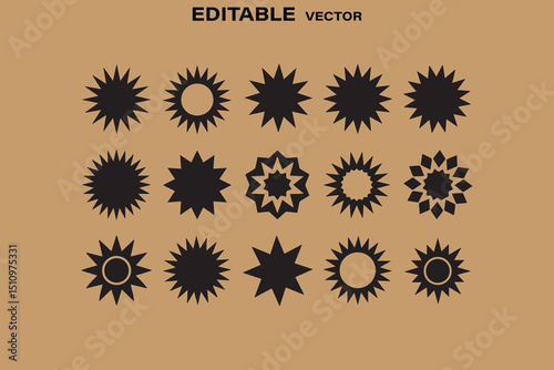 Collection of Geometric Starburst Shapes in Black on a Tan Background Editable Vector for Graphic Design Projects and Creative Applications