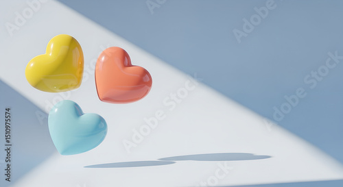 Colorful heart-shaped objects floating in bright, abstract setting  