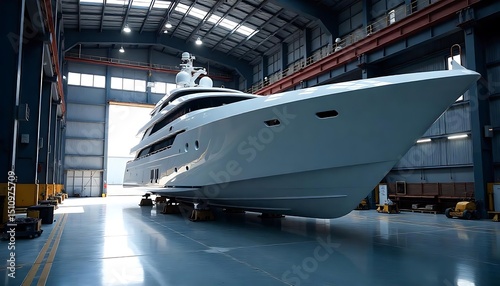 Modern luxury yacht under construction in shipyard. Bright lighting, clean floor show construction process. Naval architecture, industrial manufacturing process. Building, created with generative ai