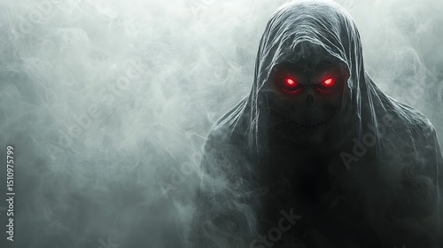 Mysterious hooded figure with glowing red eyes emerges from the mist