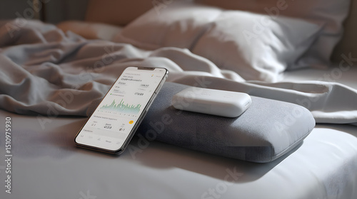 Smartphone showing sleep data on bed with pillow and device monitoring rest and activity