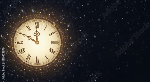 Vintage clock face with glowing details against black background