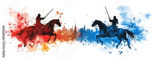 Vibrant colors and medieval knights on horseback engaged in a jousting tournament are depicted in a dynamic watercolor painting, complete with a castle in the background