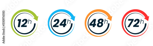 Set of 12, 24, 48 and 72 hour clocks with arrows on white background. Vector work time effect or delivery service time icon
