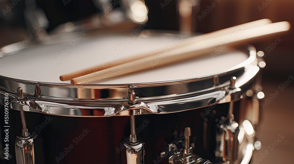 Fototapeta premium Close-Up of Snare Drum with Wooden Drumsticks for Music School Promotions, Live Performance Ads, and Recording Studio Marketing