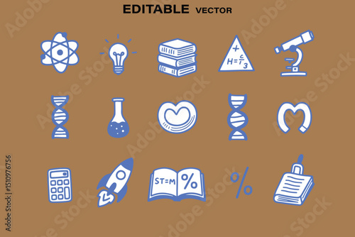 Hand Drawn STEM Education Icons Set on Brown Background Science Technology Engineering and Mathematics Concepts