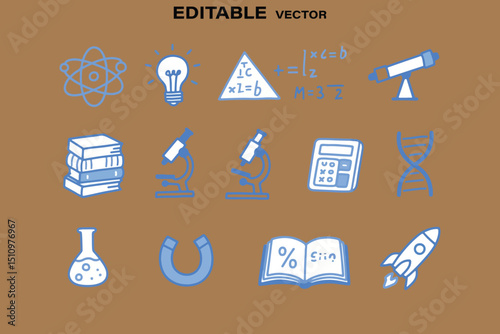 Science and Education Doodle Icons Set in Blue on Brown Background Editable Vector