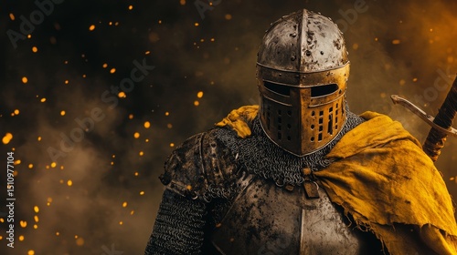 A medieval knight, clad in complete armor and wearing a helmet, readies for combat surrounded by smoke and fiery sparks in a historical battle scene