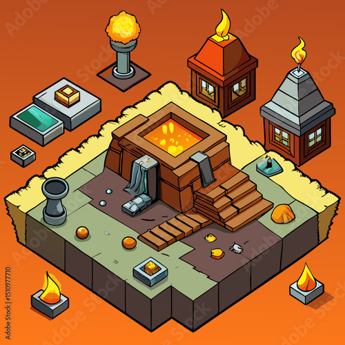 Isometric illustration of fantasy temple with lava and flaming structures in vibrant colors

