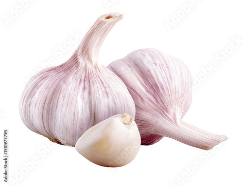 Fresh, whole garlic bulbs isolated on a white background, studio shot. Versatile culinary ingredient, essential for adding rich flavor. For food blogs, recipe websites, grocery store advertisements