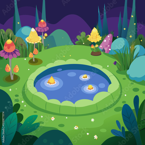 Serene fantasy pond surrounded by colorful plants and whimsical mushrooms