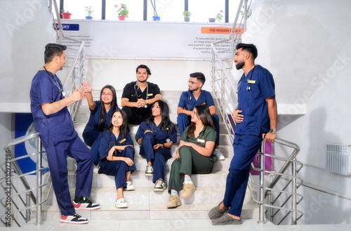 Young Indian medical students sit on the stairs, enthusiastically discussing academic topics