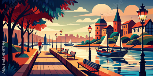 Charming waterfront scene with a river, sailboats, and autumn foliage