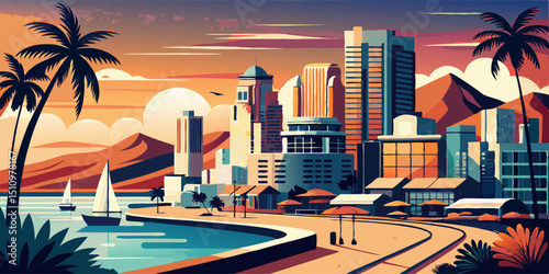 Coastal cityscape at sunset with skyscrapers and palm trees
