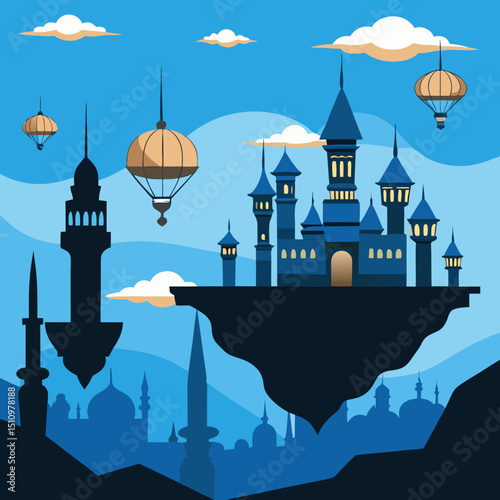 Whimsical floating castle with hot air balloons against a blue sky
