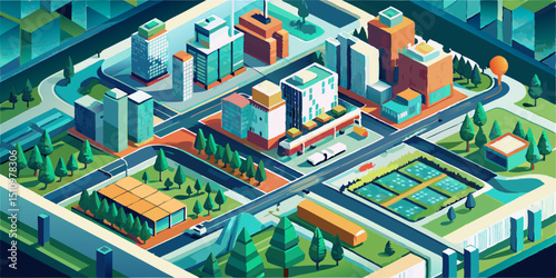 Aerial view of a vibrant modern city layout with buildings and green spaces