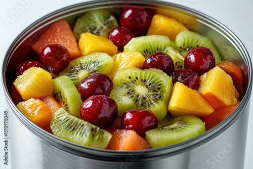  Canned fruit salad with vibrant mix of kiwi, cherries, and tropical chunks, sweet preserved treat ready for serving